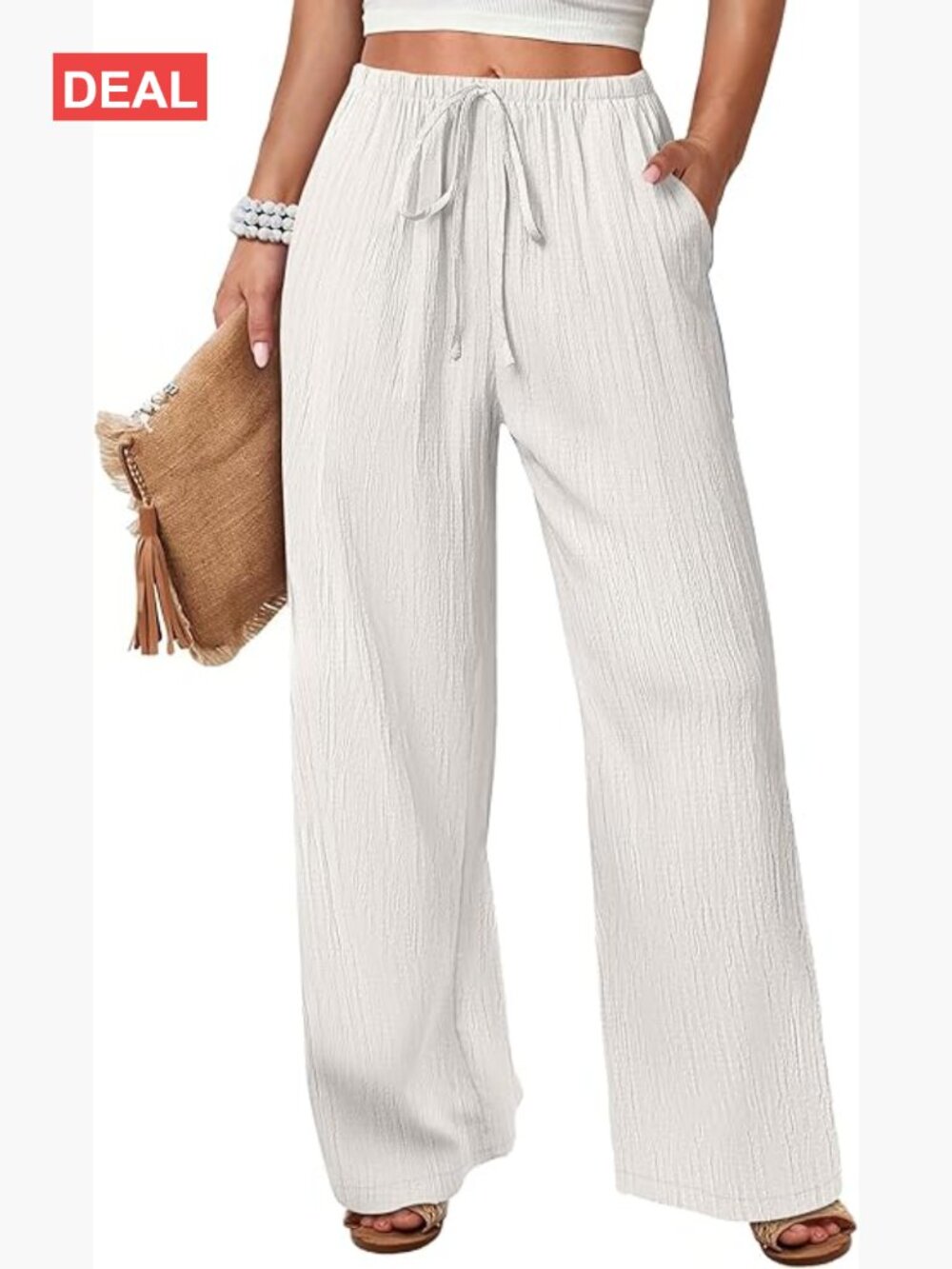 Wide Leg Beach Pants Elastic Waist Lightweight Flowy Palazzo Lounge Trousers